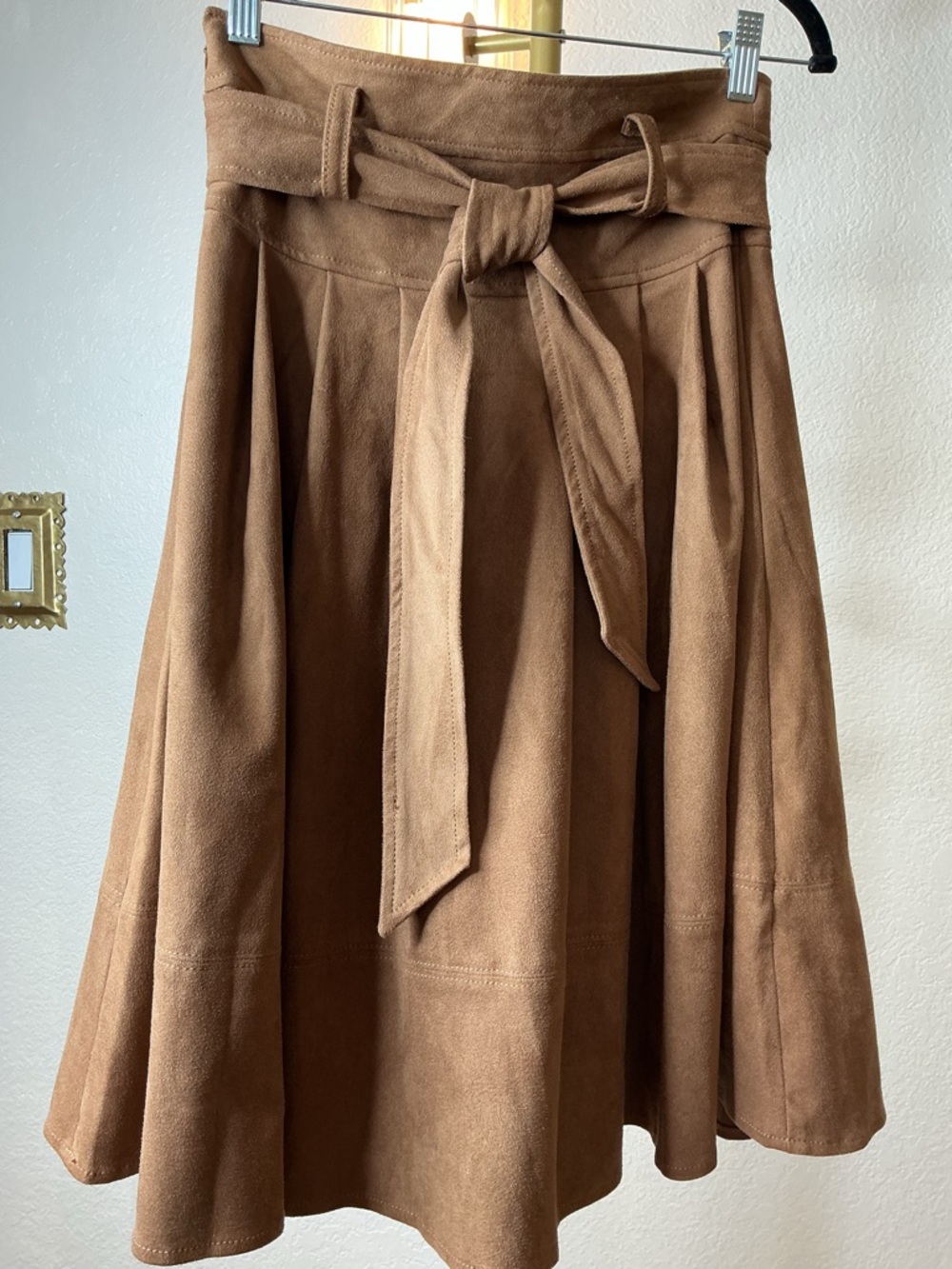 High-Waist Tie-Belt A-Line Skirt in Brown